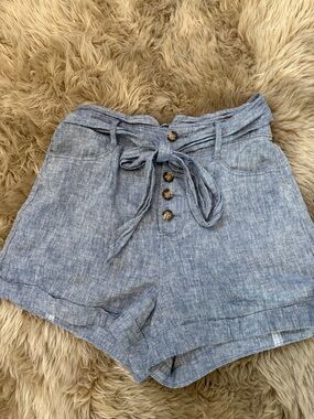 Express High-Waist Blue Linen Blend Shorts with Tie Waist